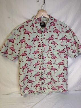 Superdry Mint Green Short-Sleeve Button-Down Shirt with Pink Flamingo Print